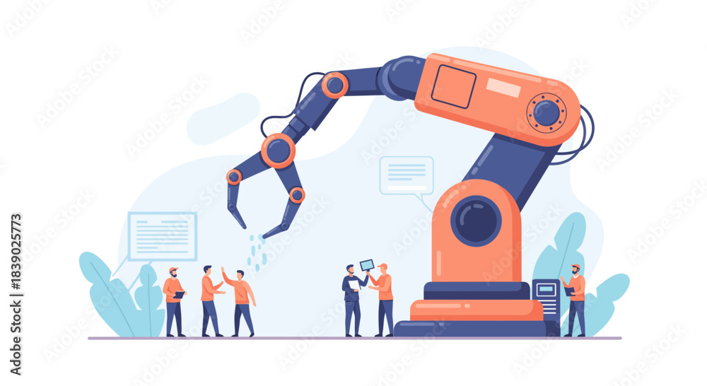 Fototapeta premium Automated factory assembly line with robotic arm and happy workers, a modern industrial workplace promoting efficiency and innovation, perfect for manufacturing