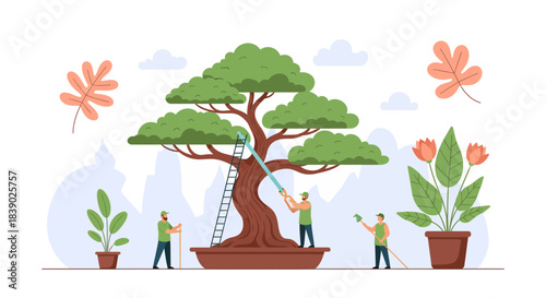 Caring for Bonsai Tree Gardening Illustration with Pruning and Maintenance for Hobby and Relaxation, Create Peaceful Zen Garden Moments