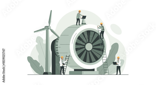 Modern illustration of engineers inspecting a wind turbine for sustainable energy solutions and renewable power generation, a step towards a greener future