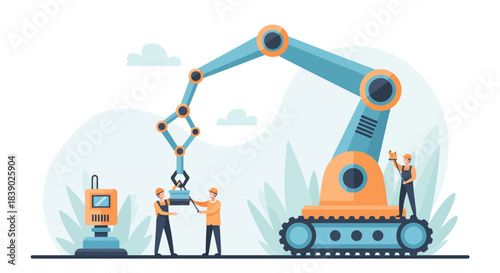 Innovative robotic arm assisting engineers with precision manufacturing in a modern factory setting for automation and efficiency solutions
