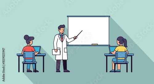 Modern medical classroom scene with doctor lecturing students using laptops and whiteboard, perfect for educational or healthcare campaign visuals