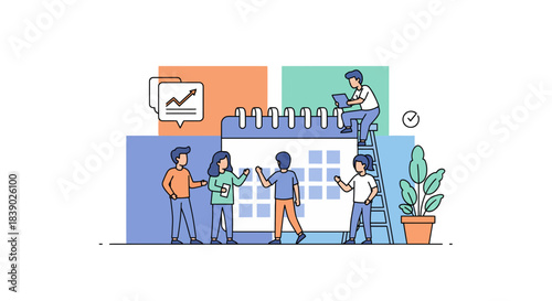 Team planning schedule for business growth, collaborating for success on project timelines, deadline driven teamwork, modern office environment, achievement