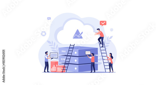 Team collaborating on cloud computing solution for business success, illustrating data management and digital transformation with modern design, great for tech startups