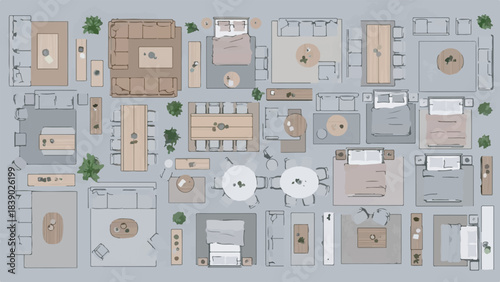 Set of Architectural Floor Plan Elements and Furniture Layouts Top View Vector
