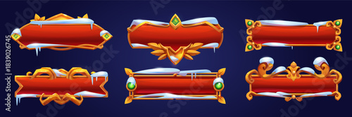 Red game buttons with golden frames and snow