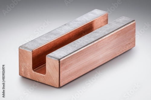 Macro photo of precision-machined copper thermal shunt bar with longitudinal slot and beveled ends on clean industrial gray gradient background