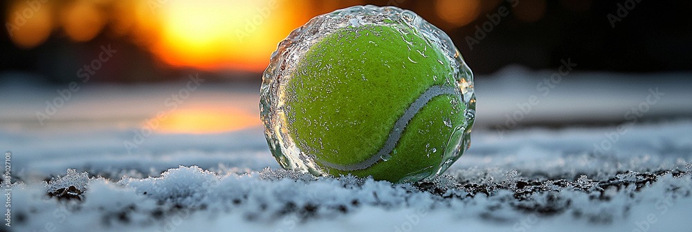 Fototapeta premium Bright green tennis ball frozen in ice during sunset Generative AI
