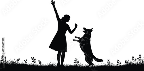 Silhouette girl teaching dog to stand and jump outdoors, playful training moment, joyful pet interaction, active bonding in nature scene
