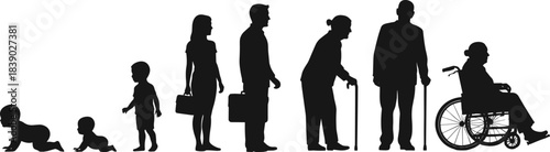 Silhouette illustration showing human life cycle from infancy to elderly age, representing growth, aging, development, mobility changes and progression