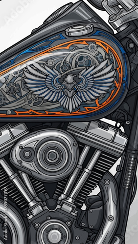 Detailed Close Up of a Custom Motorcycle Engine and Tank Art.