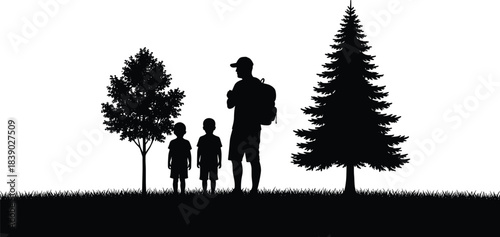 Silhouette of father hiking with two young children between trees, exploring nature together, enjoying peaceful outdoor family adventure
