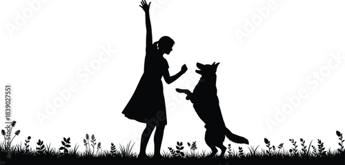 Silhouette of girl training playful dog outdoors, raising hand command as dog stands upright, symbolizing companionship, obedience, bonding and fun