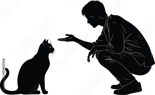 Silhouette of person gently interacting with seated cat, offering hand in calm moment of trust, companionship and communication