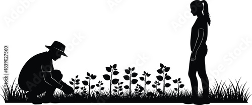 Silhouette of man gardening while woman observes, planting young crops in field, showing agriculture, growth, teamwork, nature and outdoor work