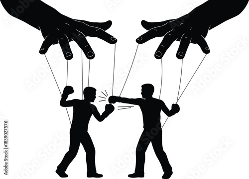 Silhouette of puppet-controlled boxers fighting in symbolic concept of manipulation, control, conflict, power influence and hidden authority