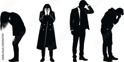 Silhouettes of distressed people showing anxiety, sadness, stress, emotional struggle, depression, mental health crisis illustration set
