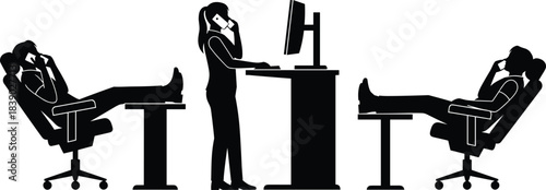 Silhouettes of office workers relaxing at desks while colleague works at standing workstation, illustrating workplace attitude and productivity contrast