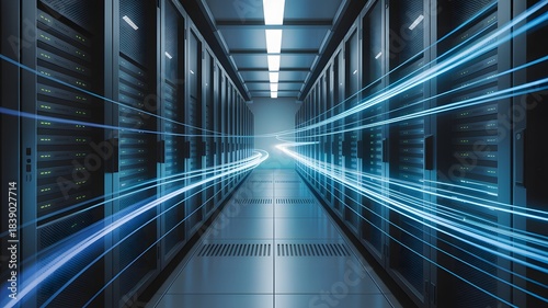 Futuristic data center aisle with glowing blue light streaks representing fast data transfer and technology