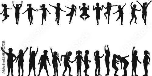 Silhouettes of playful children jumping, dancing, and posing together, expressing joyful movement, energy, creativity, and childhood freedom outdoors
