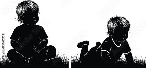 Silhouettes of small children sitting and crawling in grass, toddler play, childhood development, outdoor kids illustration scene
