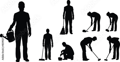 Silhouettes of people performing household chores, including sweeping, watering plants, cleaning floors and scrubbing, representing home maintenance work