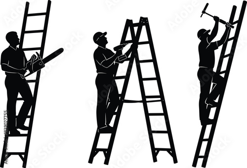 Silhouettes of workers standing on ladders using tools, construction labor, maintenance tasks, repair work safety illustration
