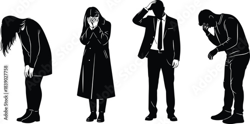 Silhouettes of stressed and sad people expressing emotional distress, anxiety, burnout, depression, frustration, worry and mental exhaustion