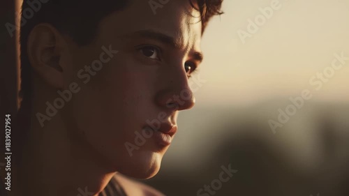Profile of a young man looking down at something in his hands, bathed in warm, golden light.