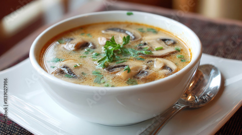 Hot mushroom soup in white bowl garnished with fresh herbs, close-up shot on a restaurant table, comforting and appetizing with visible steam and rich broth.