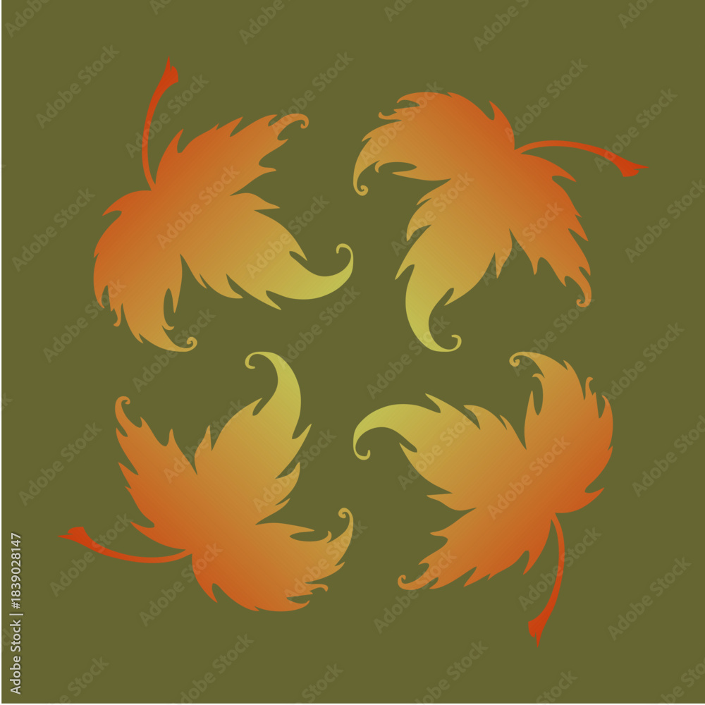 Fototapeta premium Four fiery leaves swirl outward in balanced symmetry, glowing with warm orange-gold gradients that evoke motion, transition, and the gentle drift of fall winds.