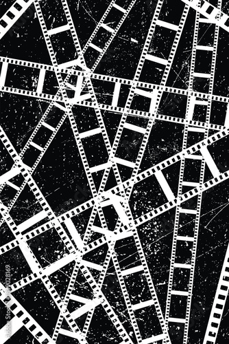 Grunge Filmstrip poster overlay . Dusty, scratchy texture effect. Film frame photo strip. Camera roll vintage design .Photo Album. Grunge effect .Vector