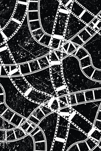 Grunge Filmstrip poster overlay . Dusty, scratchy texture effect. Film frame photo strip. Camera roll vintage design .Photo Album. Grunge effect .Vector