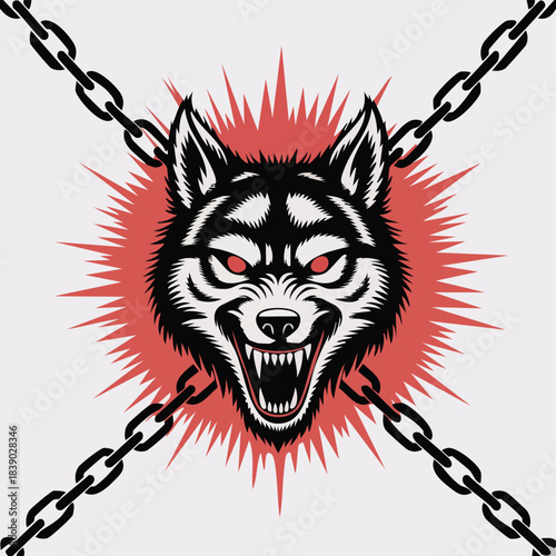 Fierce Wolf Head with Chains and Red Burst.
