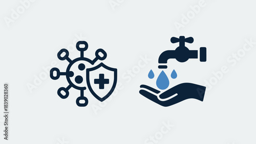 Hygiene and Protection Icons in Simple Flat Design with Dark Blue Color on White Background for Health Awareness