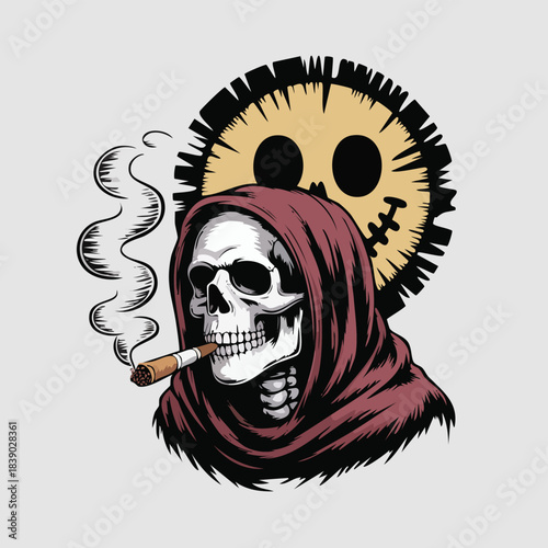 Grim Reaper Skeleton Smoking a Cigarette with a Spooky Sun Background.
