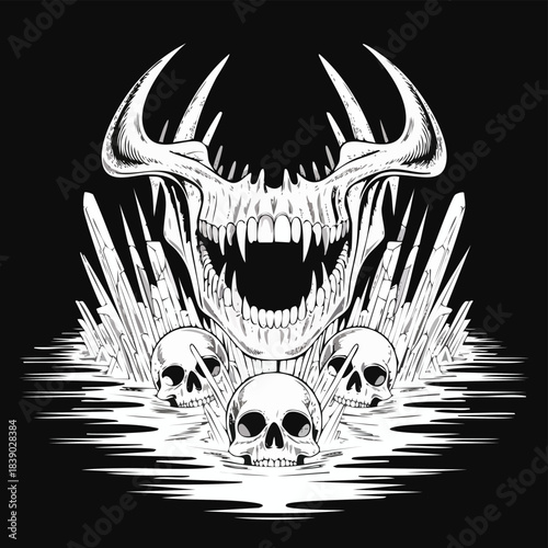 Horror Skull Monster with Crystal Spikes and Three Skulls.