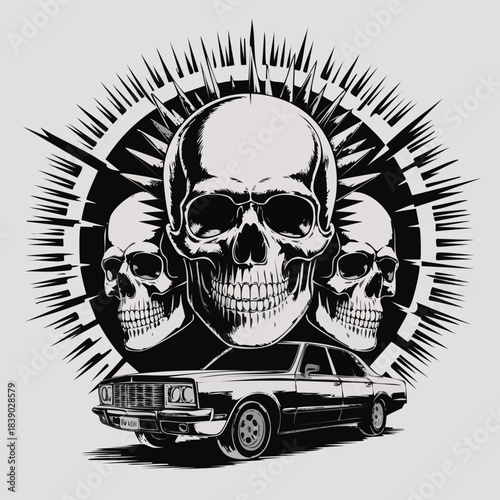 Three Skulls and a Classic Car Illustration.