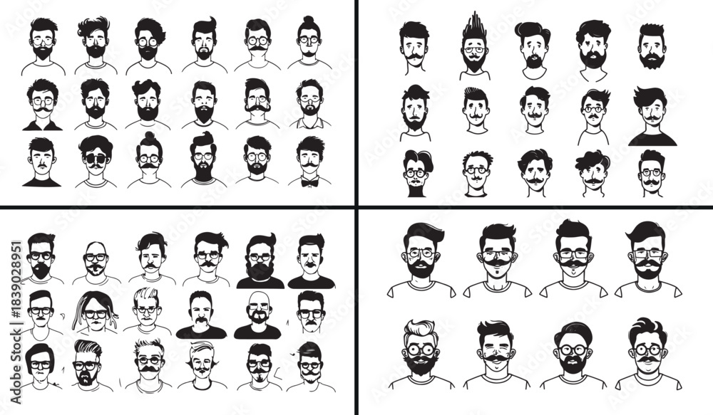 Obraz premium Bearded men illustration, face expression vector, male portrait design, gentleman hairstyle sketch, modern man face art, hipster beard illustration, character portrait vector, fashion male design, vin