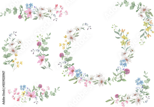 watercolor floral set with soft wildflowers, clover, daisies, eucalyptus branches, and pastel blossoms. Hand drawn illustration. Vector EPS.