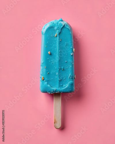 blue bitten ice cream bar on wooden stick  glazed on pink background