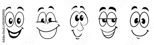 Set of funny expressive cartoon faces drawn in bold outlines.