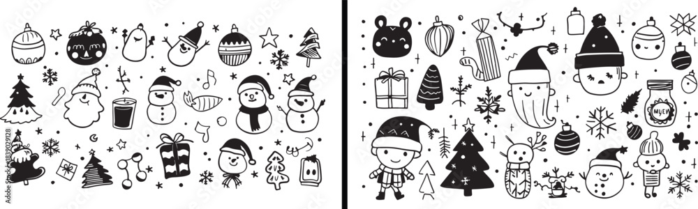 Fototapeta premium Christmas doodle set, holiday vector decoration, festive artwork design, santa illustration pack, Christmas tree clipart, hand drawn gift icons, holiday celebration vector, winter festival art, Xmas p