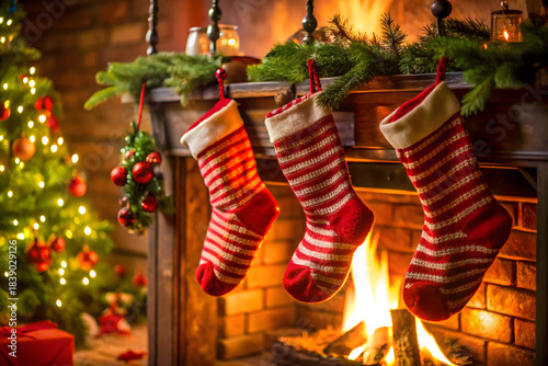 Empty Stockings Hung On Fireplace On Christmas Eve