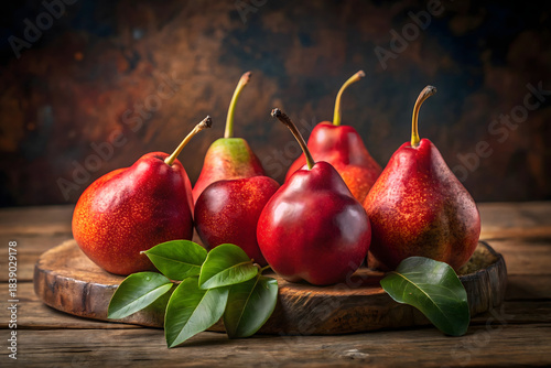 Fine art still life with red pears on wooden table