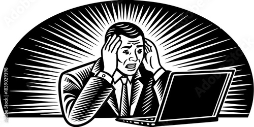 Black man overwhelmed by laptop screen light in dark room portrait image, ai generated.