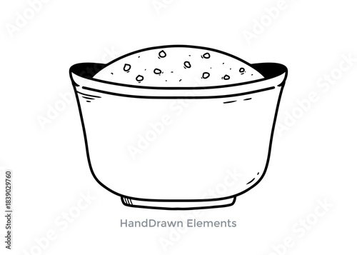 Bowl of rice Illustration: A simple yet elegant illustration showcasing a bowl filled with fluffy, grains of rice. The artwork highlights the textures and shapes