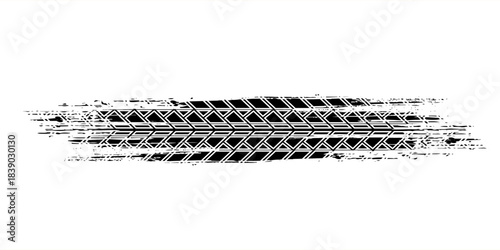 Grunge tire track, wheel braking marks. Truck, car or motorcycle tread pattern silhouette. Auto race, motorsport, speed racing design element. Vector illustration