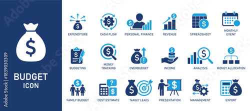Budget icon set. Budget, Finance, Money, Expense, Savings, Income, Spending, Cashflow, Wallet, Payment, Banking, Currency, Investment, Accounting, and more. Solid vector icons collection.