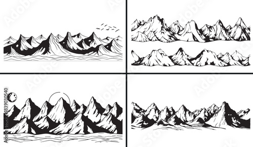 Mountain landscape sketch, mountain drawing vector, nature landscape art, hiking adventure illustration, mountain range scenery, alpine travel artwork, outdoor nature design, forest mountain pattern, 