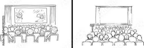 cinema hall illustration vector, people watching movie silhouette, movie theater audience artwork, cinema audience design, film screening illustration, entertainment crowd vector, theater people silho